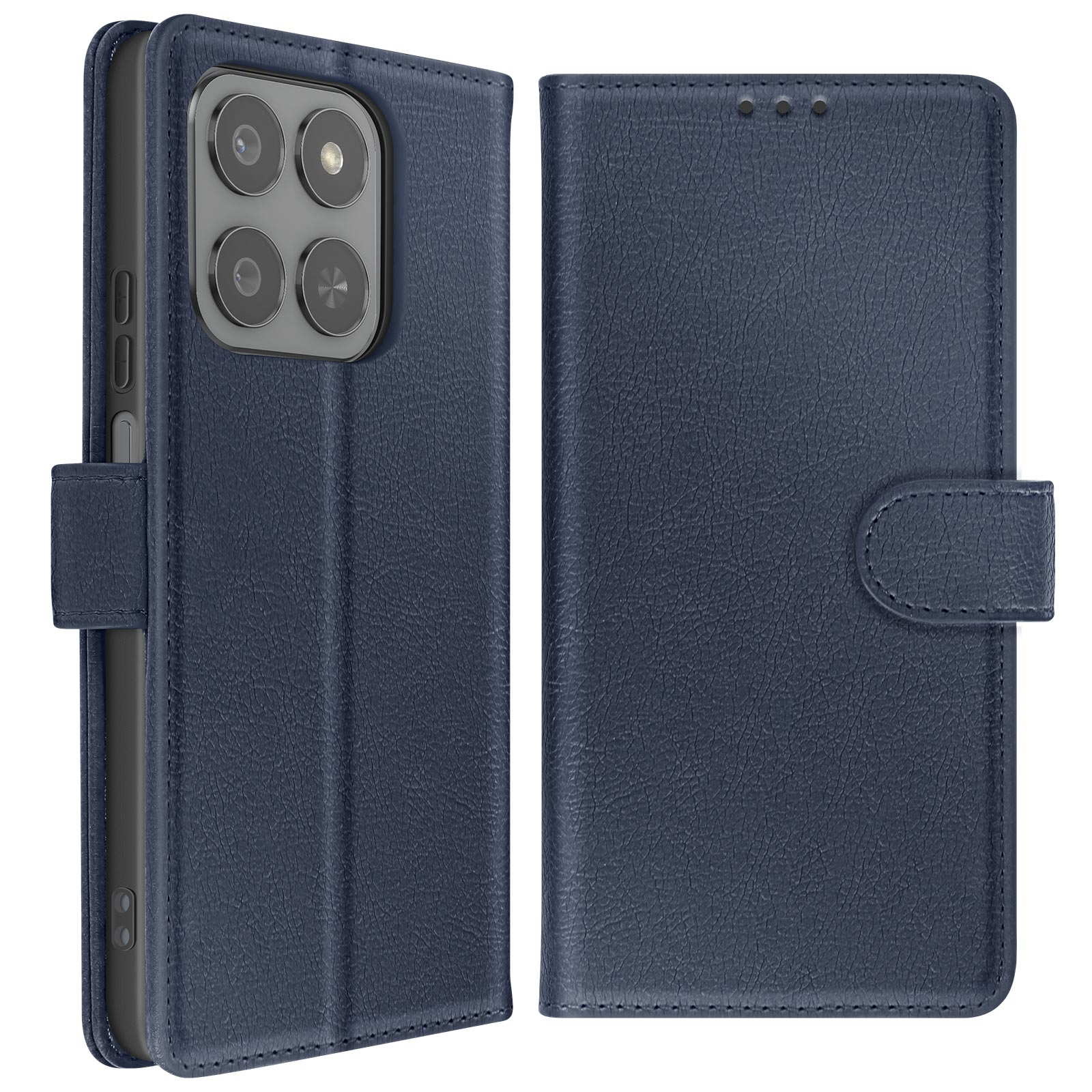 Una custodia per telefono blu scuro, aperta per rivelare un telefono. La custodia è simile alla pelle con chiusura magnetica.