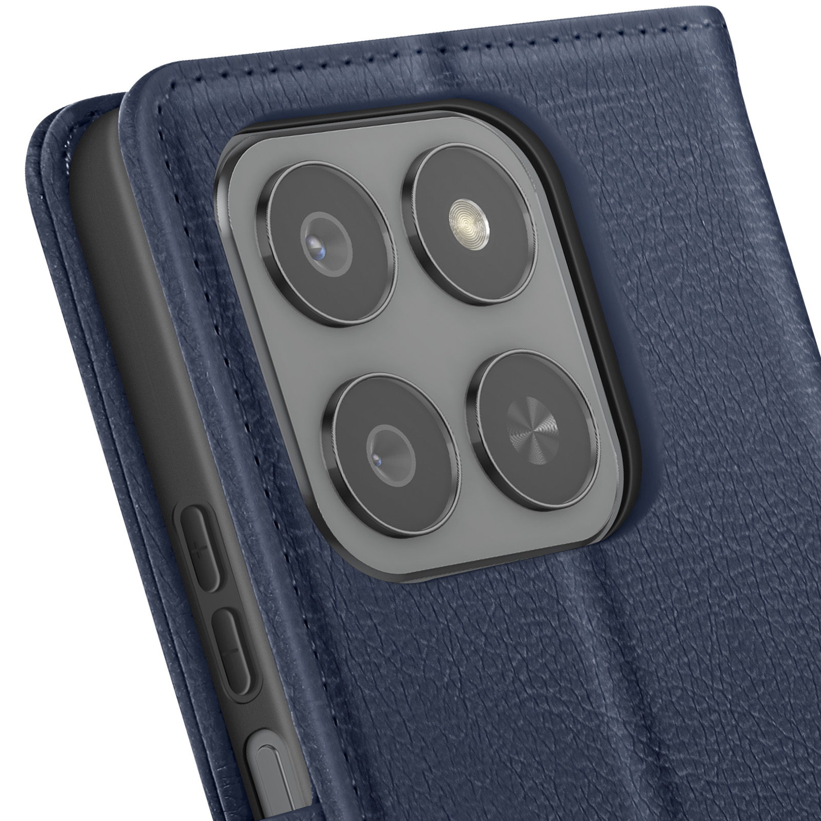 Primo piano di una custodia blu per telefono con modulo fotocamera del telefono visibile. I pulsanti sono sul lato. La custodia è in pelle.