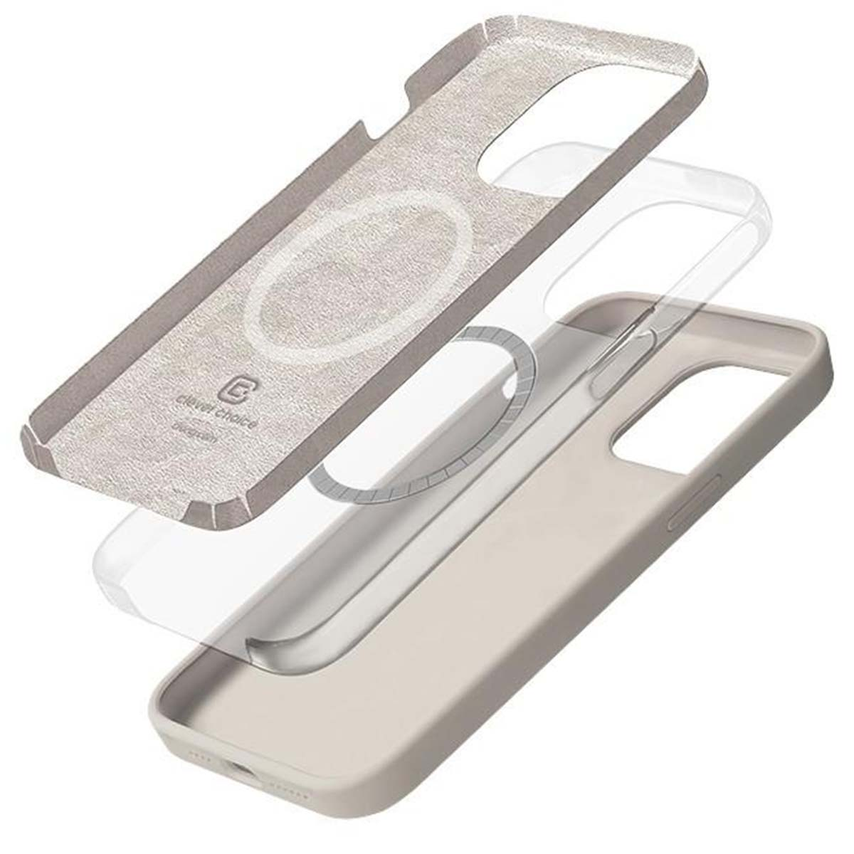 Custodia per telefono a tre strati. Strato superiore: beige, strutturato. Medio: trasparente. Inferiore: beige. Leggermente sfalsati.