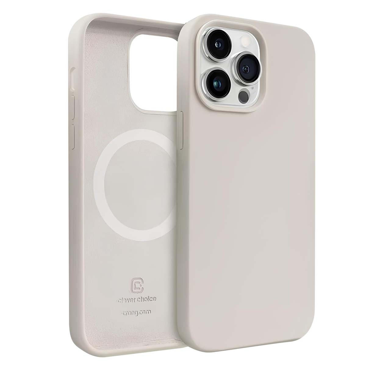 Una custodia per telefono grigio chiaro, aperta per rivelare l'interno, con un cerchio magnetico e il logo "clover choice". Tre fotocamere visibili.