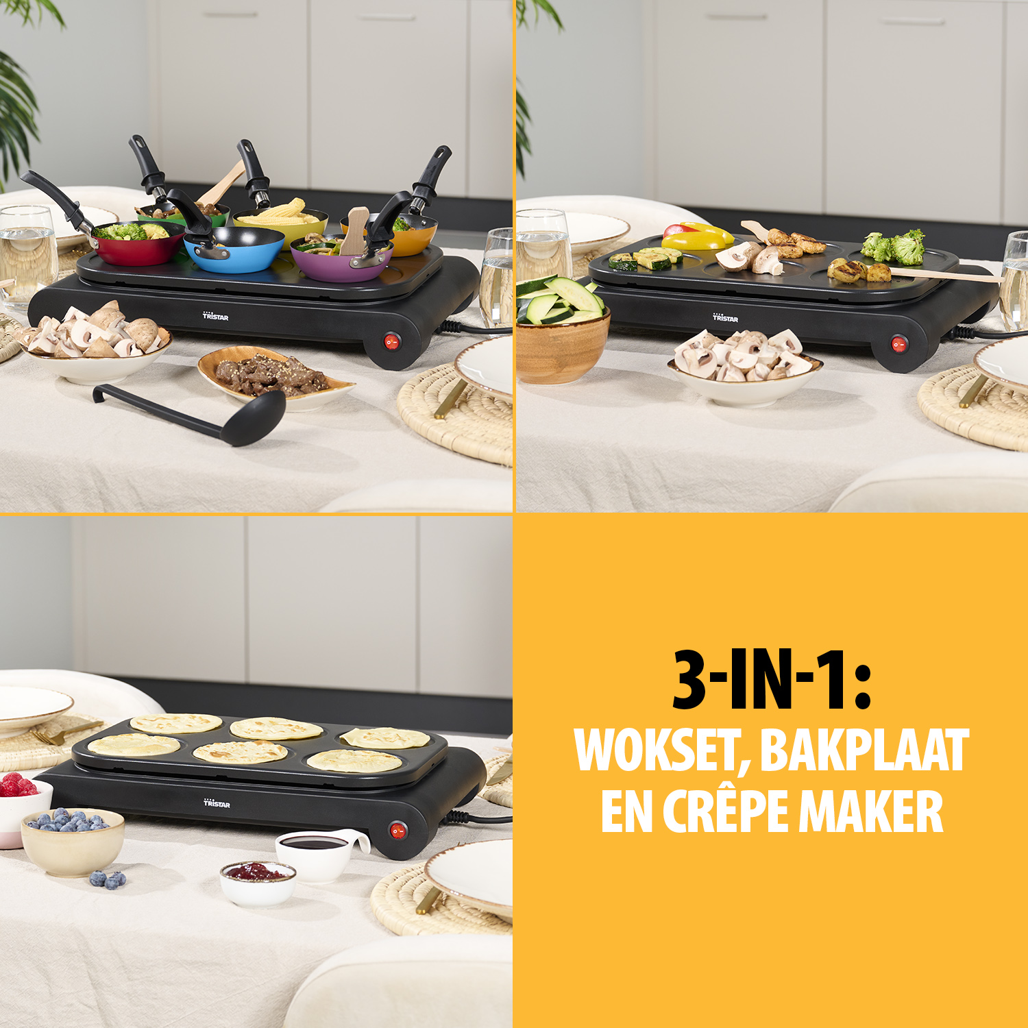 Ein 3-in-1-Elektrokochgerät mit Wok-Set, Grillplatte und Crêpe-Maker. Verschiedene Gerichte werden darauf zubereitet.