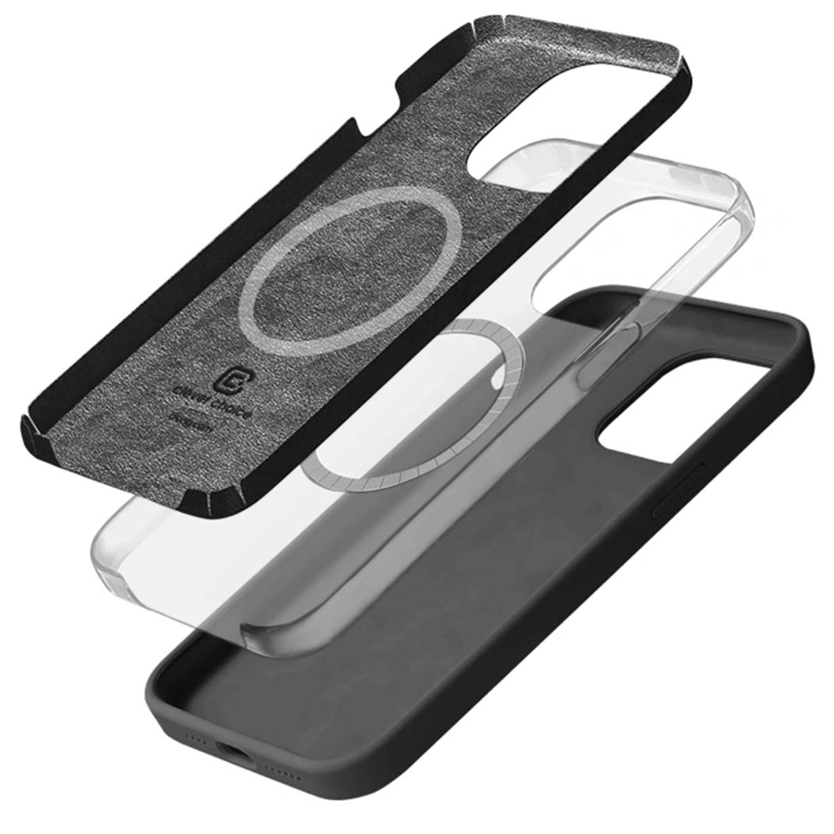Custodia per telefono a tre strati. Strato esterno nero, strato intermedio trasparente e strato interno grigio con design circolare e logo del marchio.