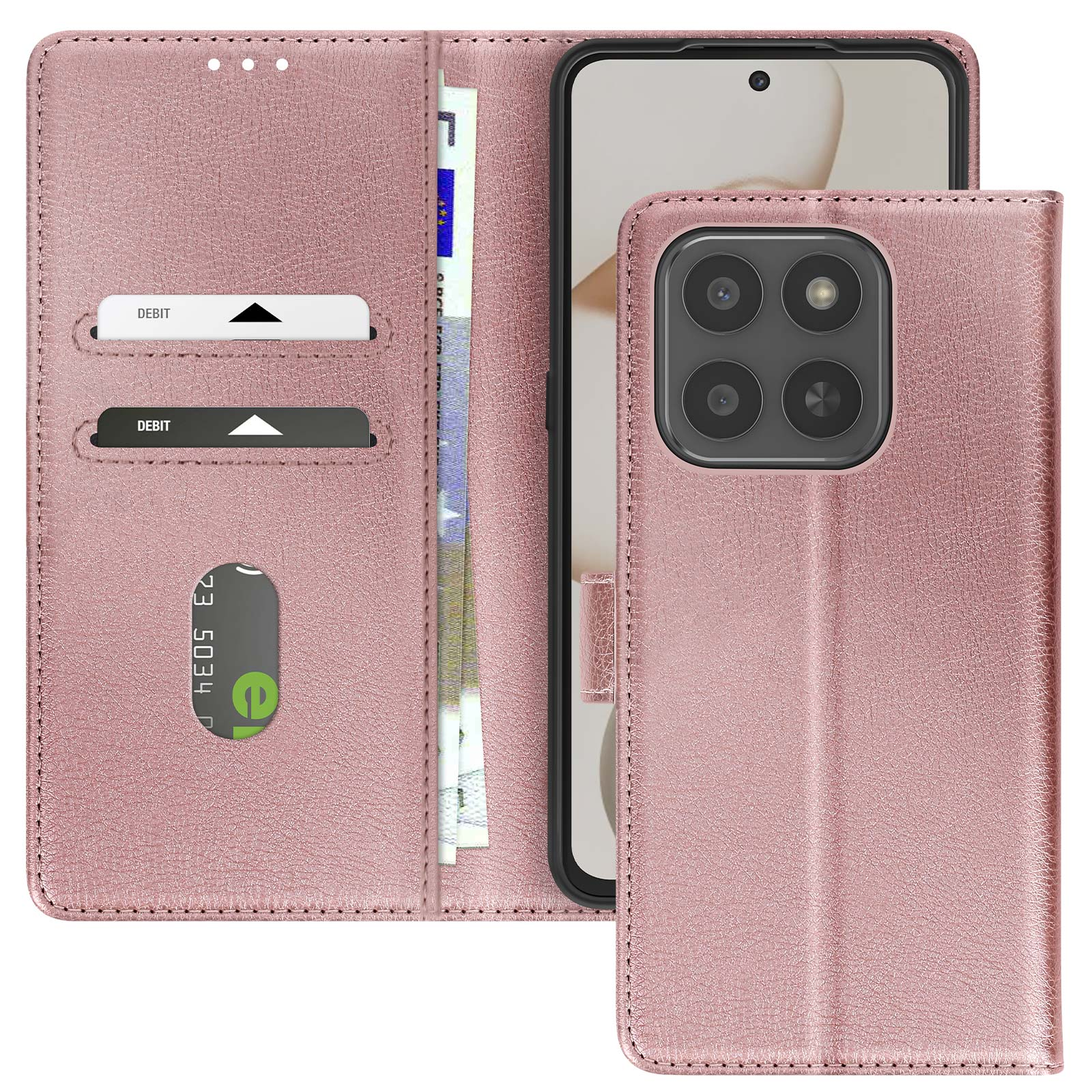 Custodia per telefono rosa con telefono all'interno. Ha slot per carte e design a portafoglio. Banconote in euro visibili.