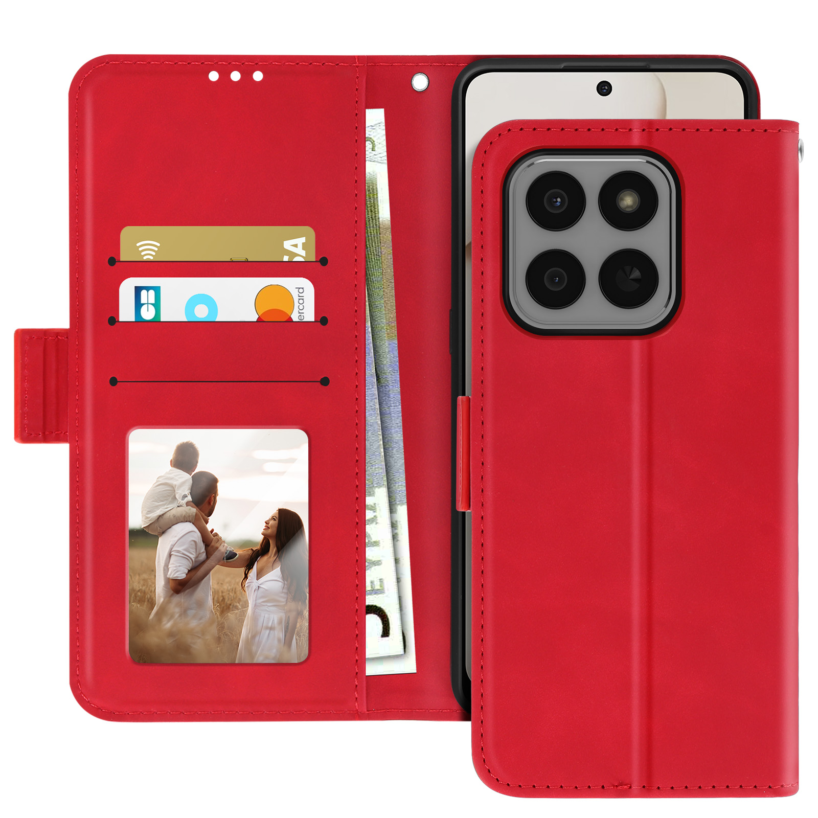 Custodia rossa per telefono con telefono. Ha scomparti per carte con carte e una foto di famiglia. Si vede il denaro.