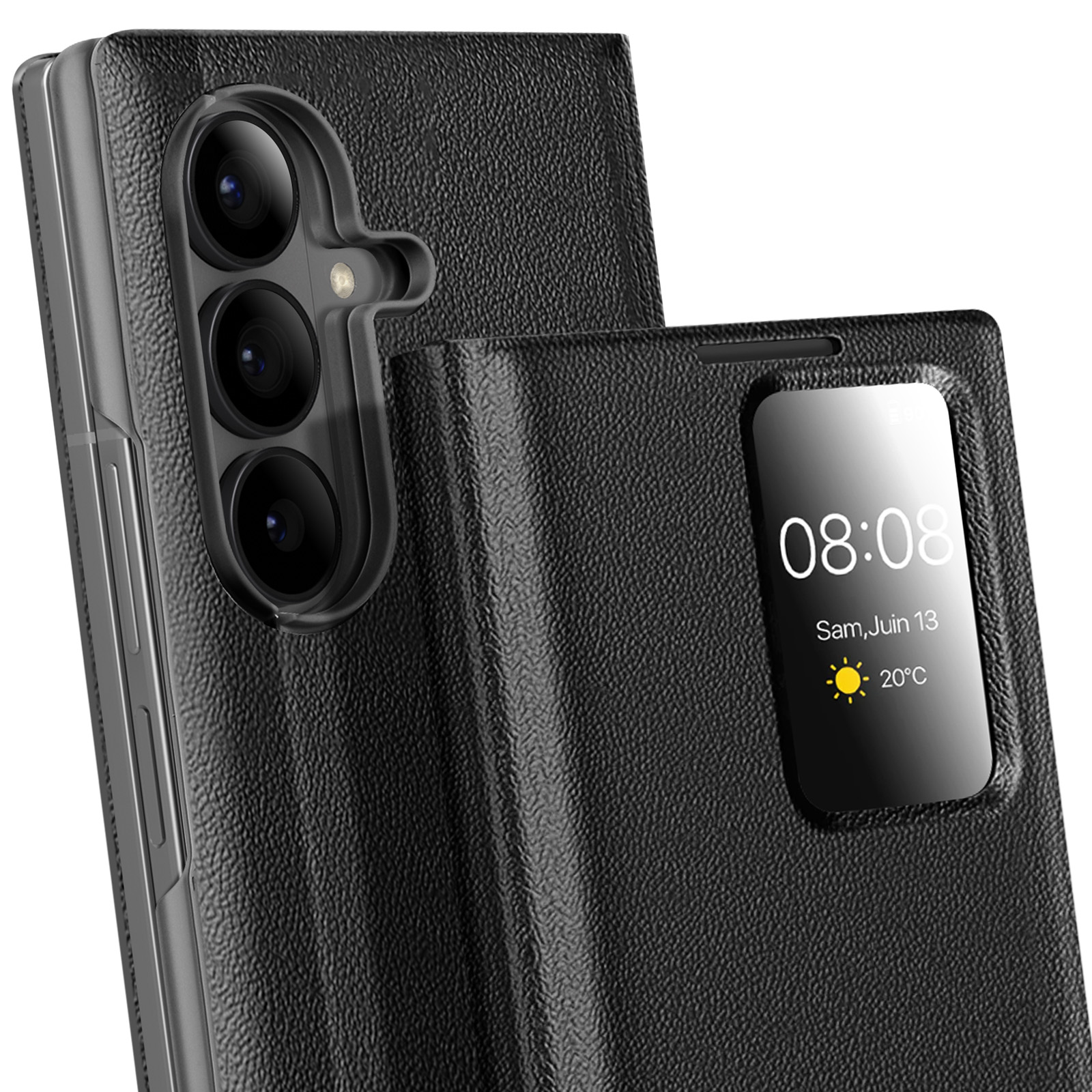 Custodia nera per telefono con schermo che mostra ora e data. Il telefono ha lenti della fotocamera. La custodia è strutturata, simile alla pelle.