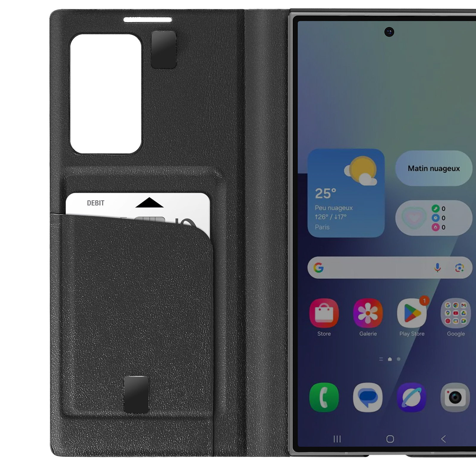 Un telefono in una custodia nera mostra il meteo. Una carta di debito è visibile nella custodia. Le icone delle app sono sullo schermo.