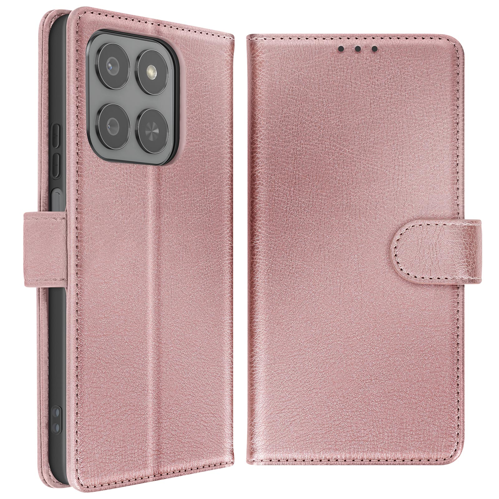 Una custodia per telefono oro rosa, aperta, che mostra un telefono con più fotocamere. La custodia ha una chiusura magnetica.