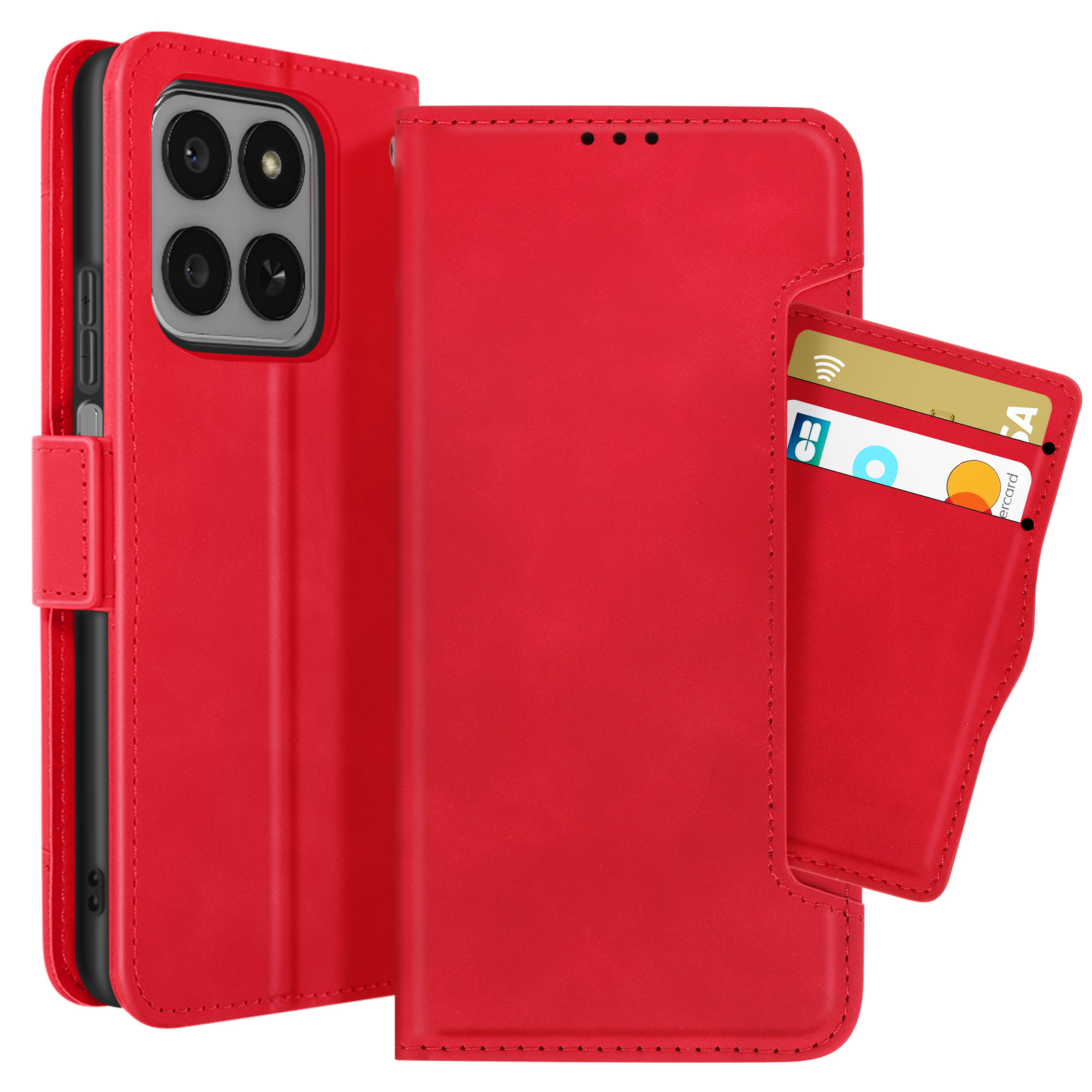 Custodia rossa per telefono con sezione portafoglio per carte. La custodia è aperta.