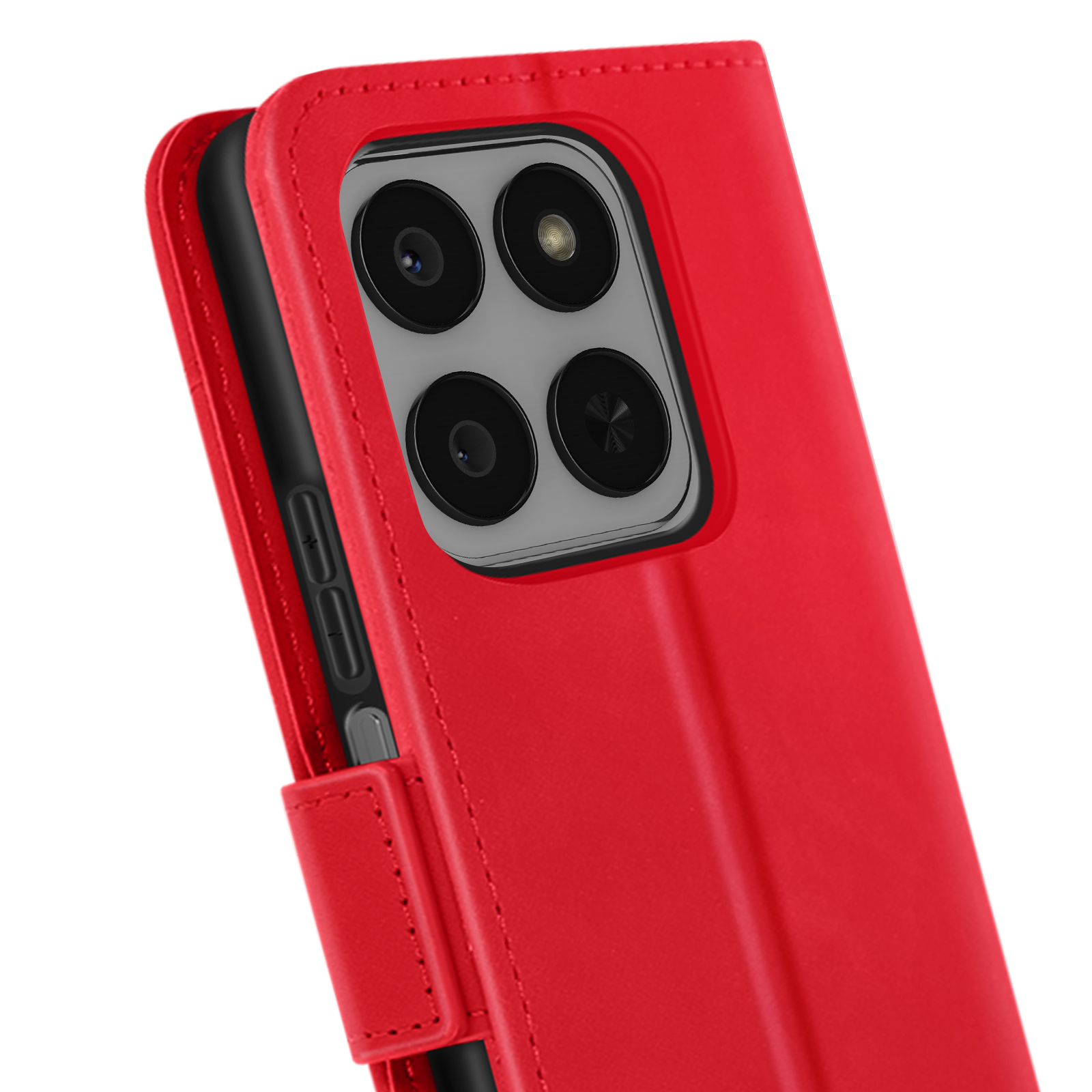 Custodia rossa per telefono con telefono all'interno. La custodia ha un ritaglio per la fotocamera con quattro lenti. Lo sfondo è bianco.