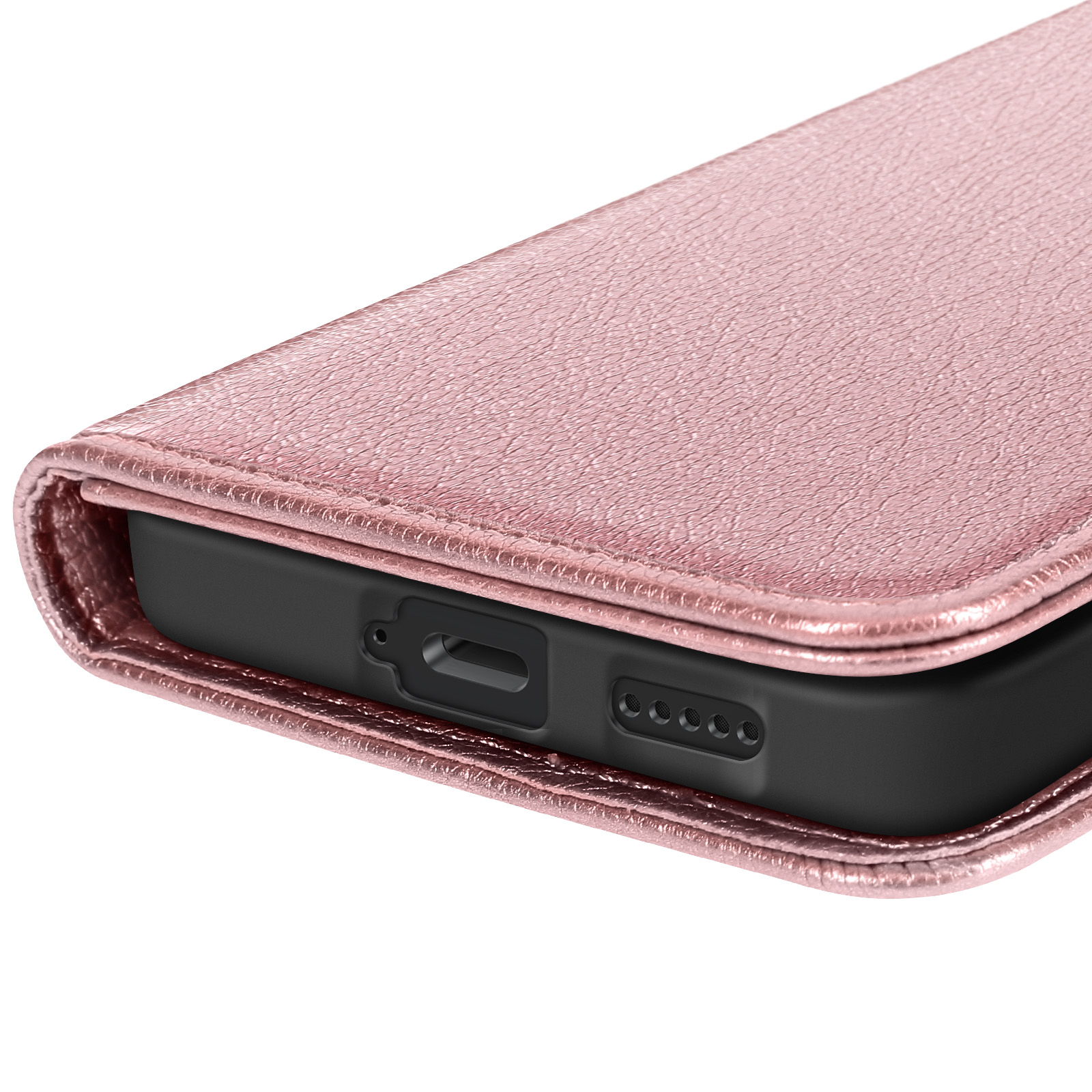 Primo piano di una custodia rosa per telefono. È aperta, rivelando la porta di ricarica e gli altoparlanti del telefono.