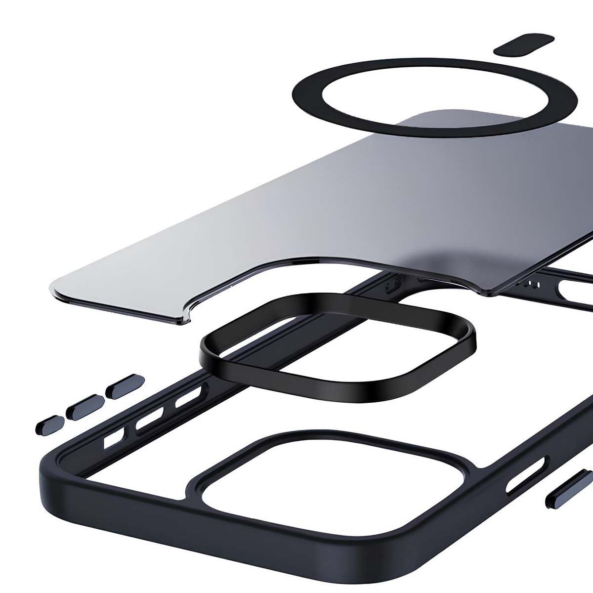 Vista esplosa di una custodia per telefono. Cornice nera, protezione schermo e altre parti separate.