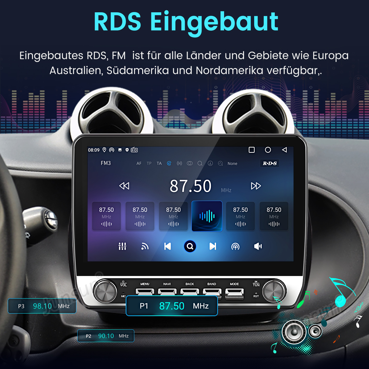 Autoradio-Bildschirm mit Radiofrequenzen. Text auf Deutsch; RDS, FM und MHz sind sichtbar. Knöpfe und ein Lautsprecher sind ebenfalls vorhanden.
