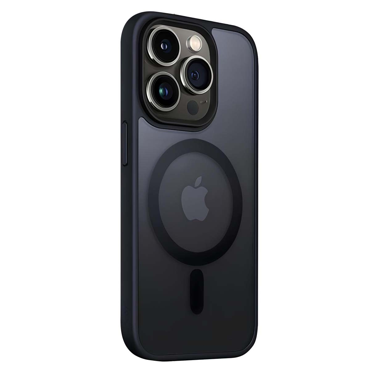 Una custodia per iPhone blu scuro con più lenti della fotocamera e il logo Apple. La custodia ha un anello magnetico e una fessura.