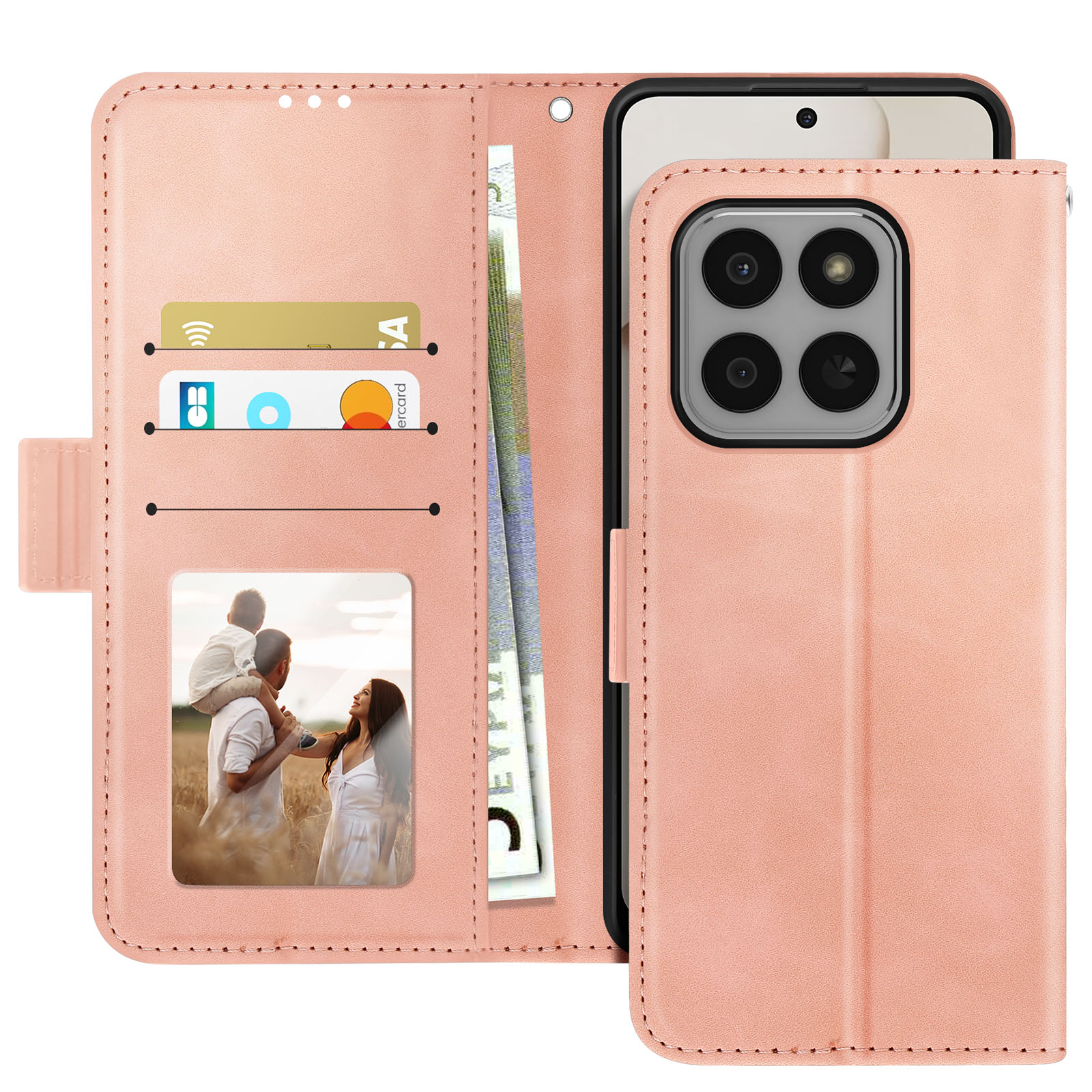 Custodia rosa per telefono con telefono. Ha scomparti per carte, una foto di famiglia e un vano contanti.