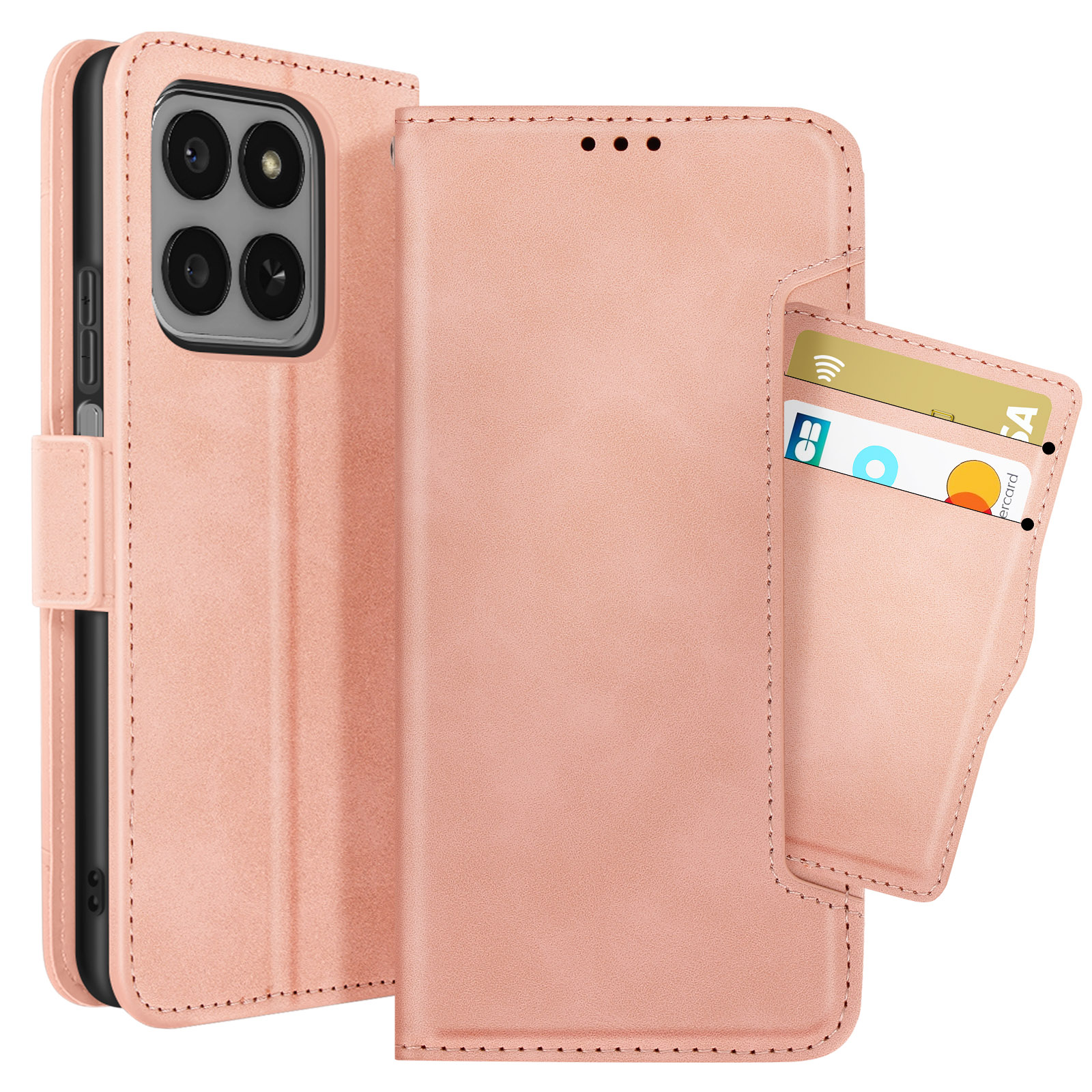 Custodia rosa per telefono con fessure per carte. Contiene telefono, 3 carte e chiusura magnetica.
