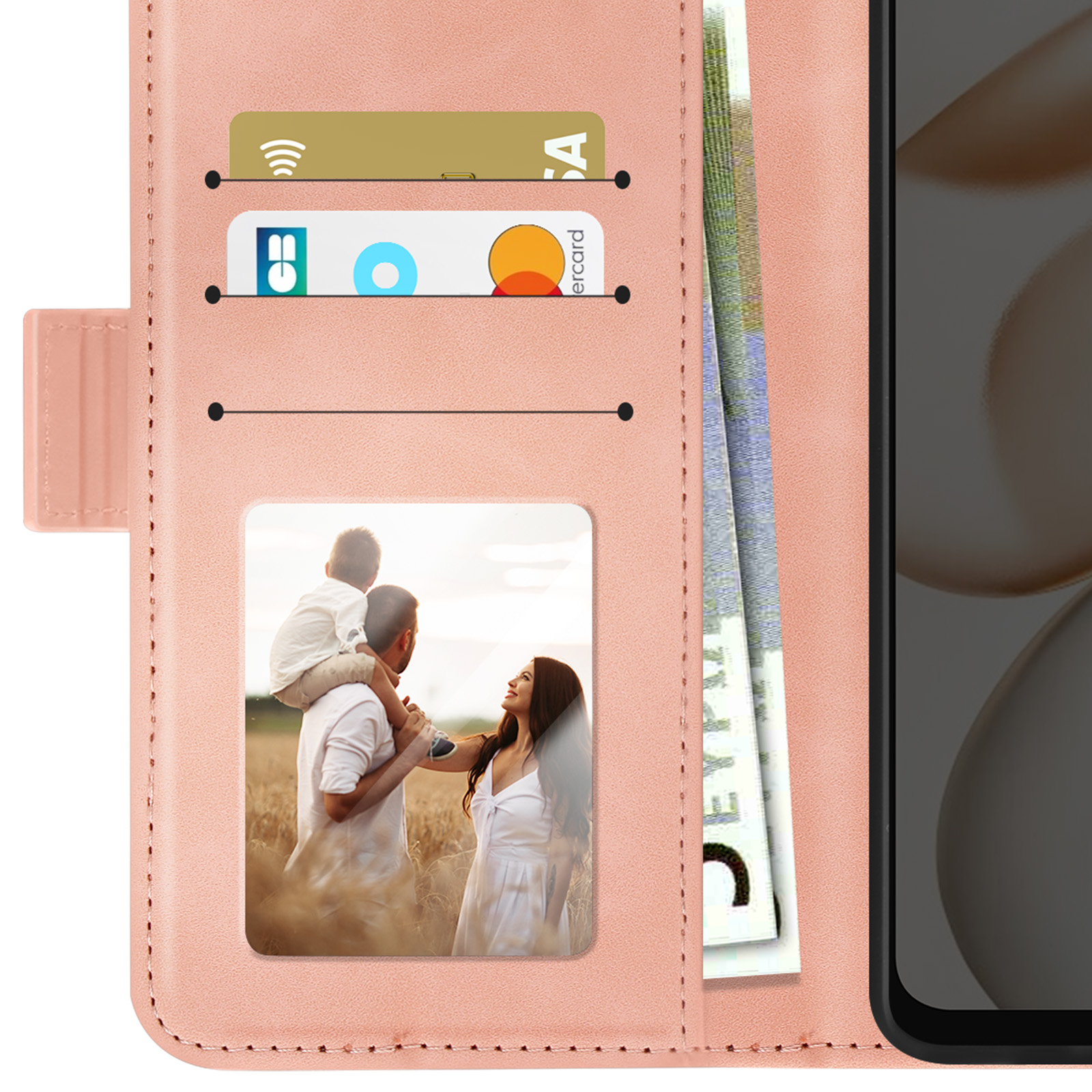 Custodia rosa per telefono con fessure per carte. Foto di famiglia al centro. Banconote a destra.