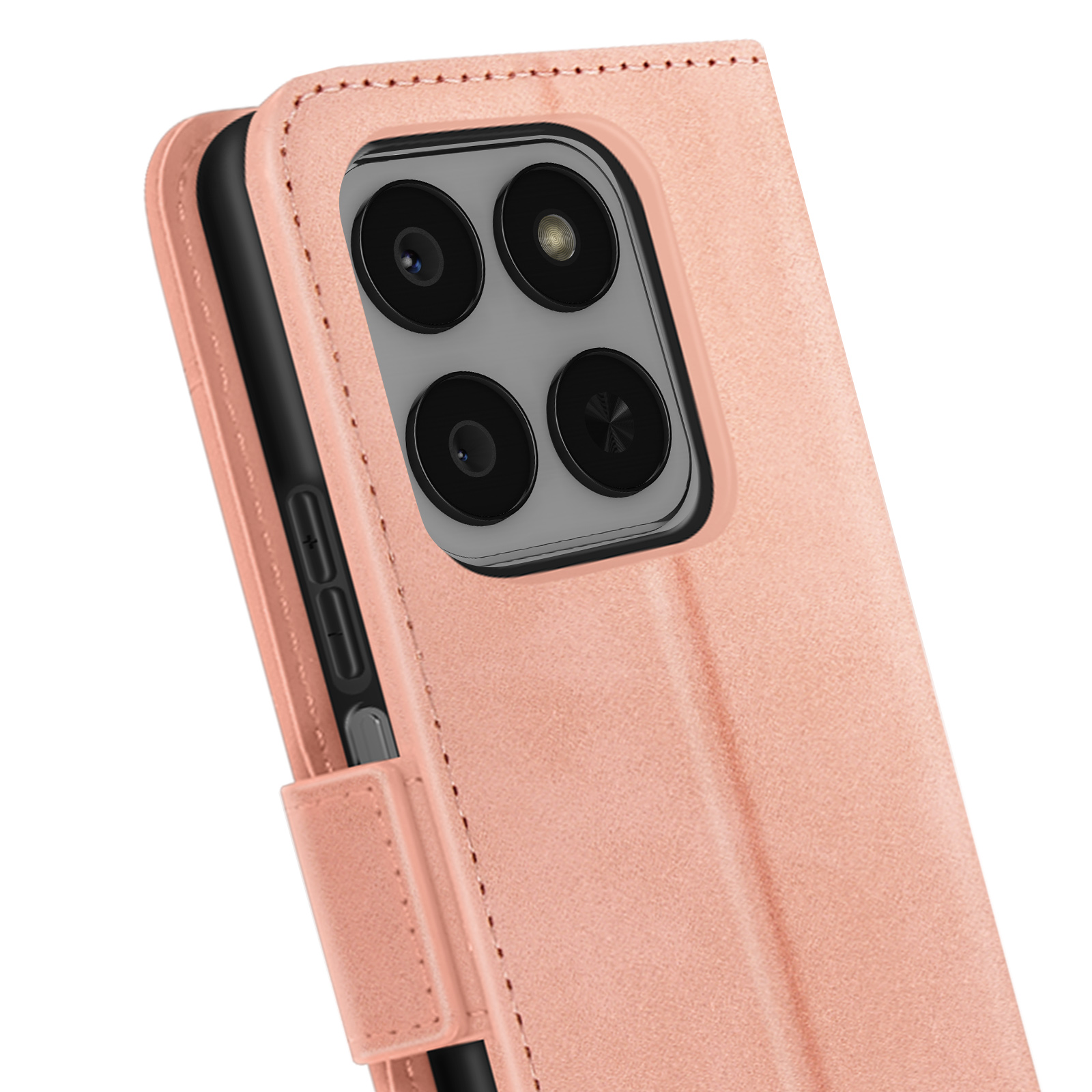 Primo piano di una custodia rosa con telefono. La custodia ha una chiusura magnetica.