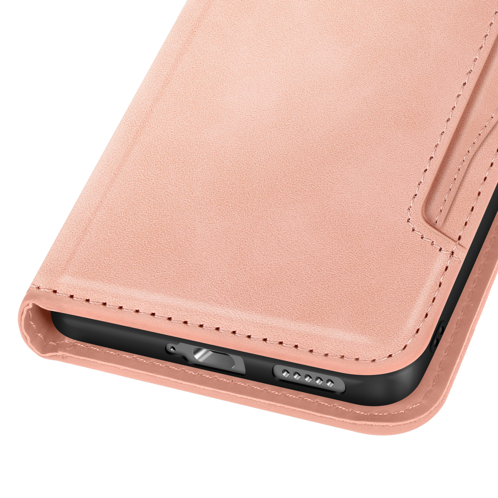 Primo piano di una custodia rosa per telefono. Sono visibili i pulsanti laterali e l'interruttore di accensione del telefono. La custodia ha una superficie strutturata.