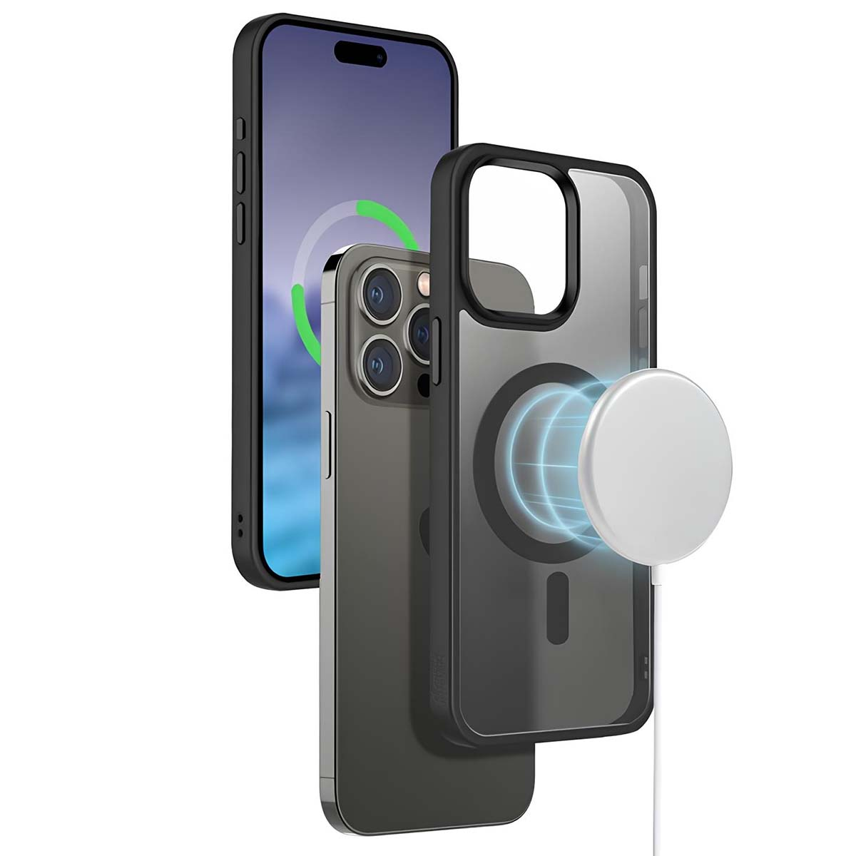 Tre smartphone. Uno in carica con caricatore magnetico bianco. Uno in custodia trasparente. Cornici nere. Grafica di ricarica sugli schermi.