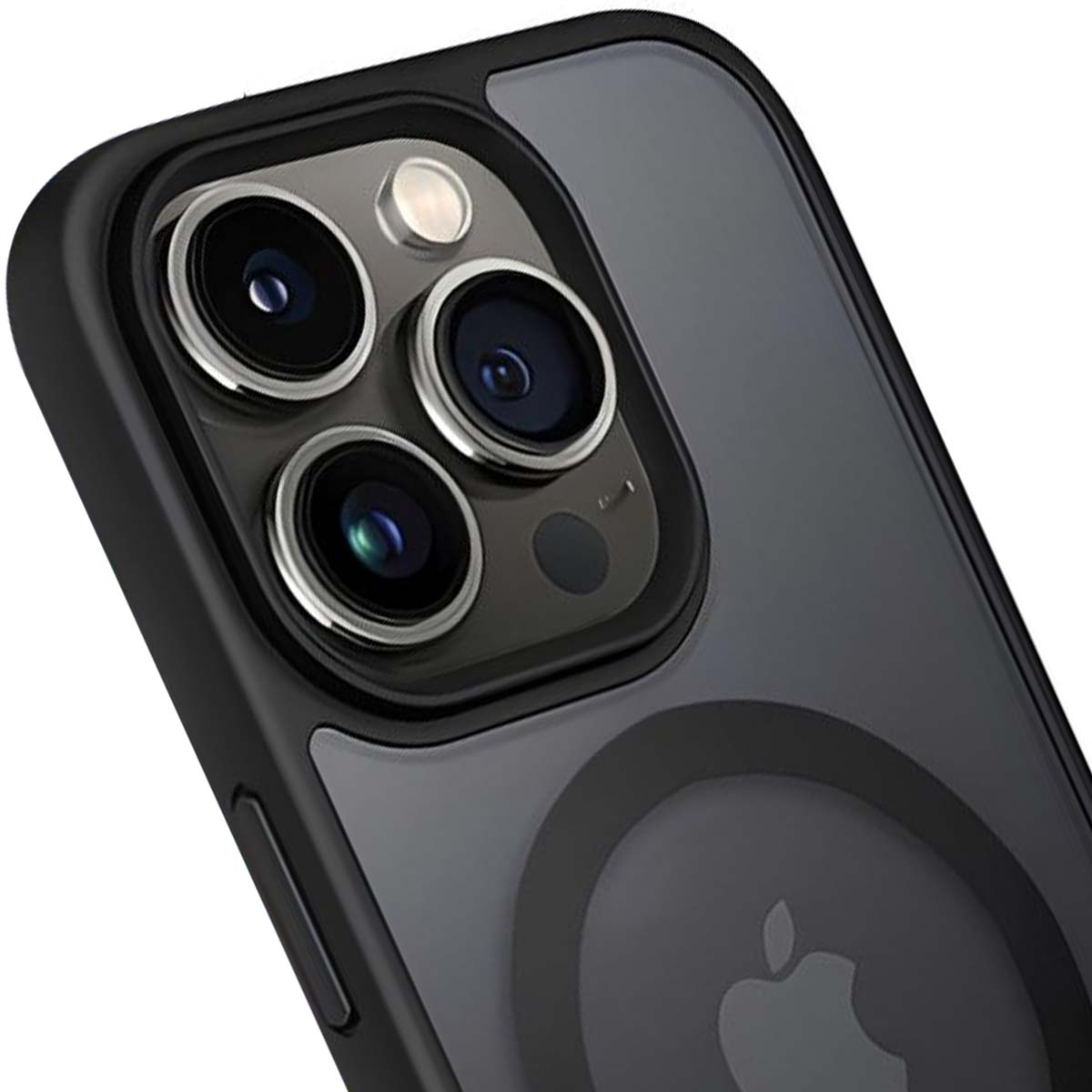 Primo piano di un iPhone nero con custodia protettiva. Mostra le lenti della fotocamera e il logo Apple. La custodia ha un retro trasparente.