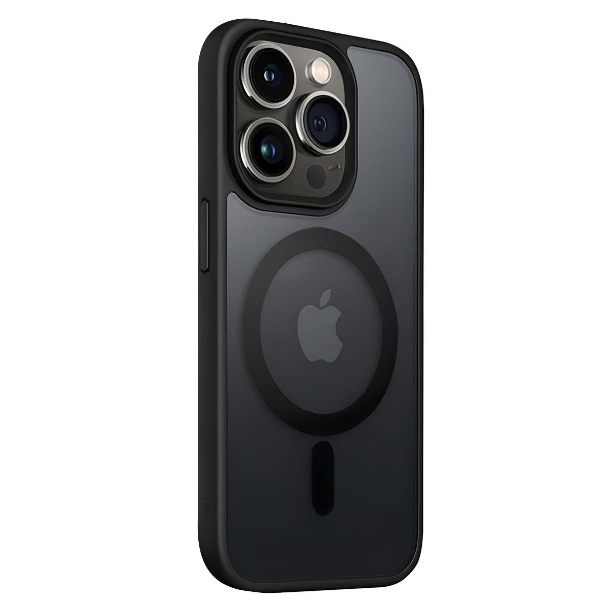 Una custodia nera per iPhone con logo Apple, modulo fotocamera con tre lenti e cerchio MagSafe.