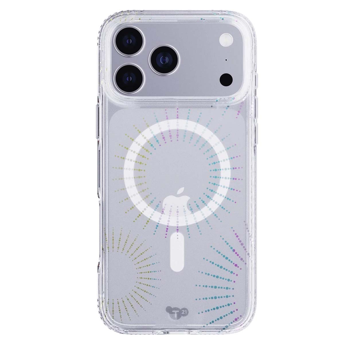 Una custodia trasparente per iPhone con un design di punti colorati che si irradiano dal logo Apple. La custodia ha un ritaglio per la fotocamera e pulsanti laterali.
