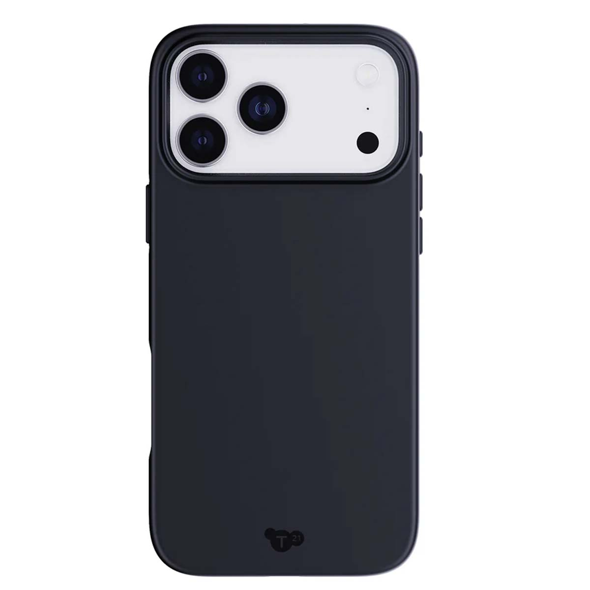 Una custodia per telefono blu scuro. Ha un'area bianca per la fotocamera con tre lenti e un flash. La custodia ha un logo in basso.