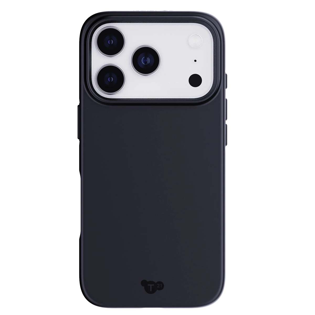 Custodia nera per telefono con sezione fotocamera. Presenta tre obiettivi, un flash e un piccolo logo in basso.