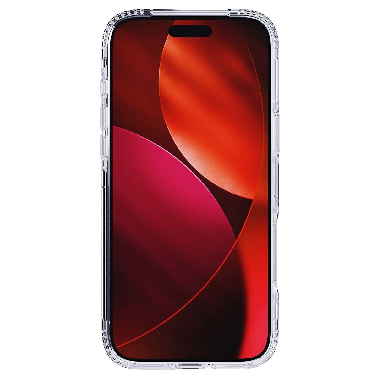 Una custodia trasparente che protegge uno smartphone con sfondo sfumato rosso e magenta.
