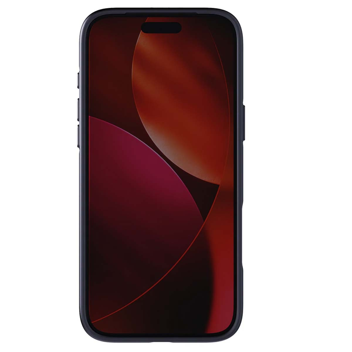 Uno smartphone con una custodia blu scuro mostra un design astratto rosso e marrone sullo schermo.