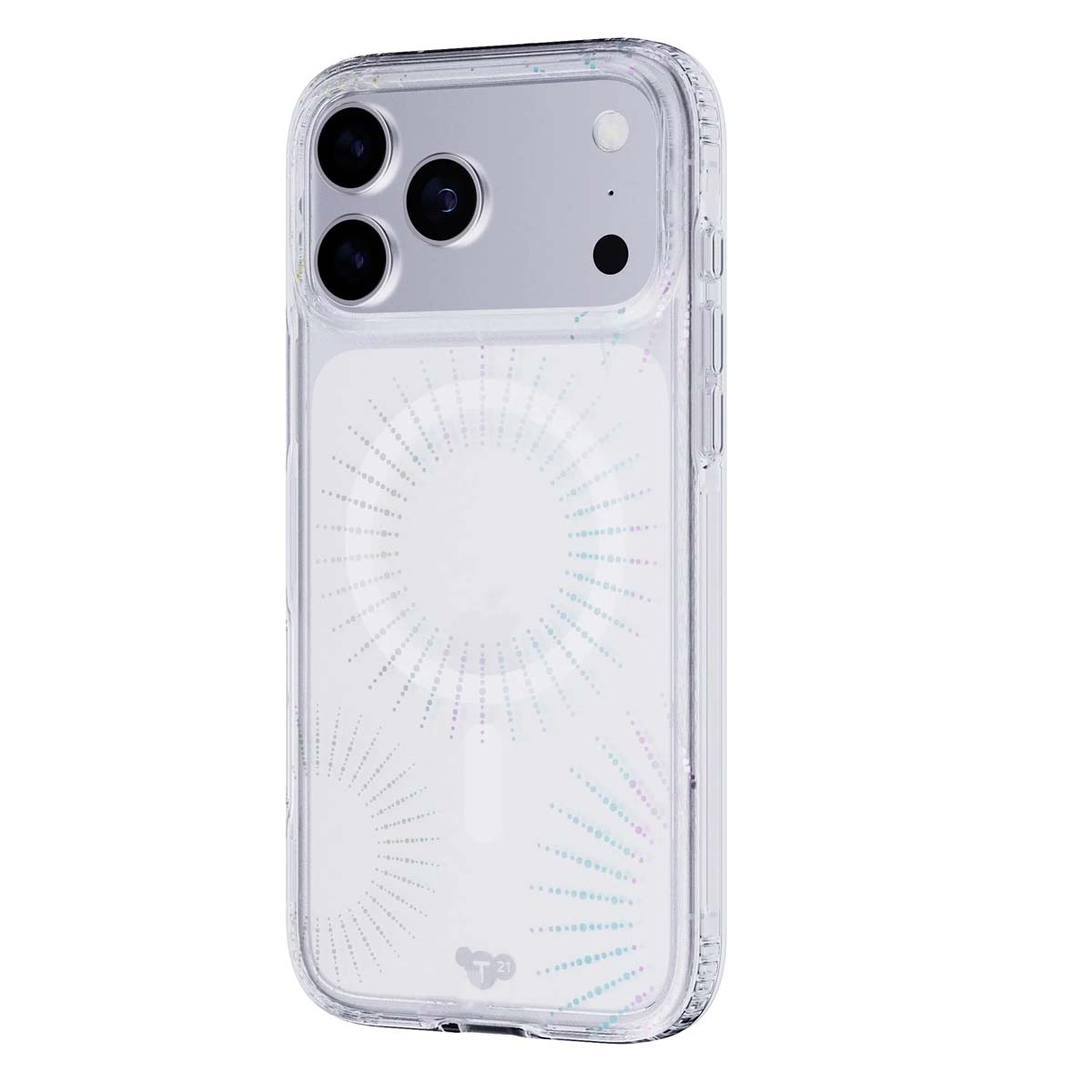 Custodia trasparente per telefono con un design a irradiazione dal centro. Ha un dosso per la fotocamera e un paraurti trasparente.