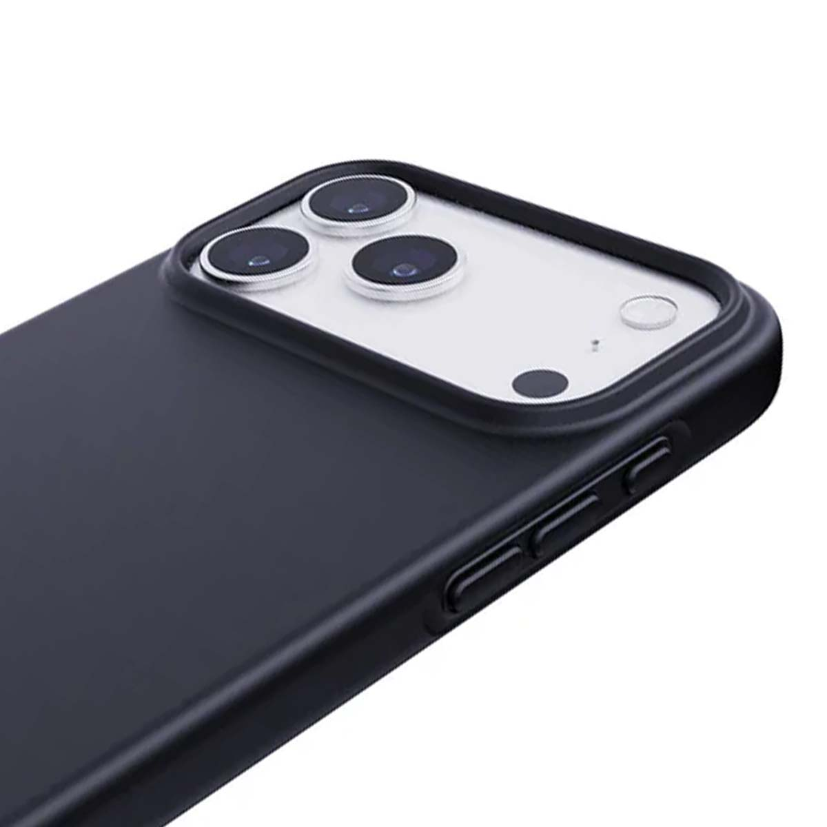 Primo piano di una custodia per telefono nera. Sono visibili tre obiettivi della fotocamera. La custodia ha i pulsanti del volume sul lato.
