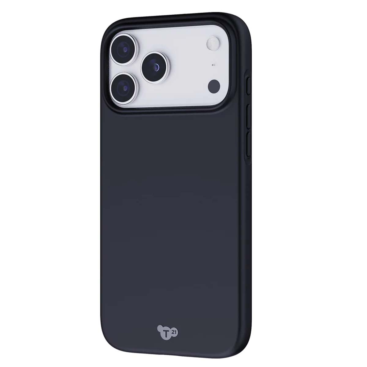Una custodia per telefono blu scuro. Ha tre obiettivi e un flash. La custodia copre la parte posteriore e i lati del telefono.