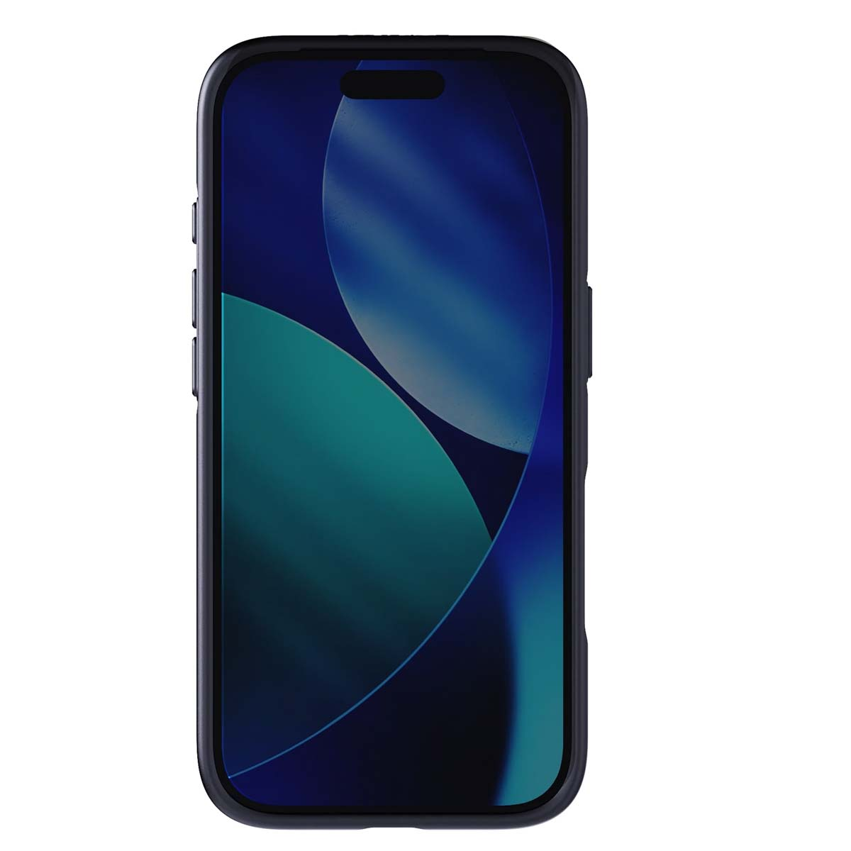 Uno smartphone con custodia blu scuro. Lo schermo mostra un design astratto blu e verde acqua. Il telefono ha i pulsanti laterali.