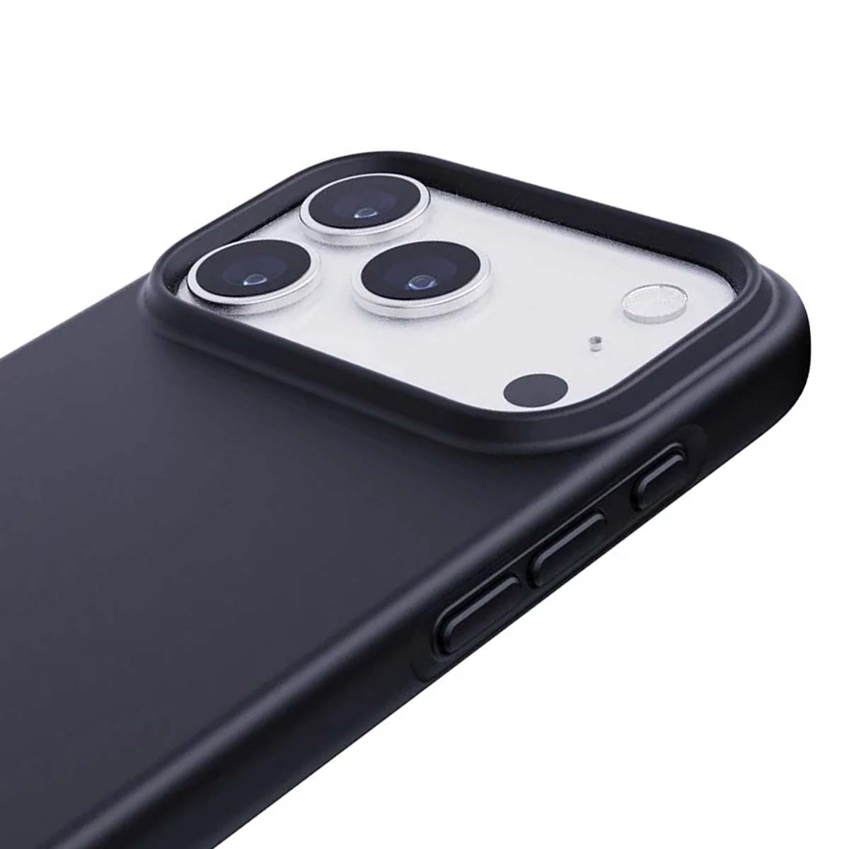 Un primo piano di una custodia nera per telefono. Sono visibili tre lenti della fotocamera. La custodia ha pulsanti laterali.