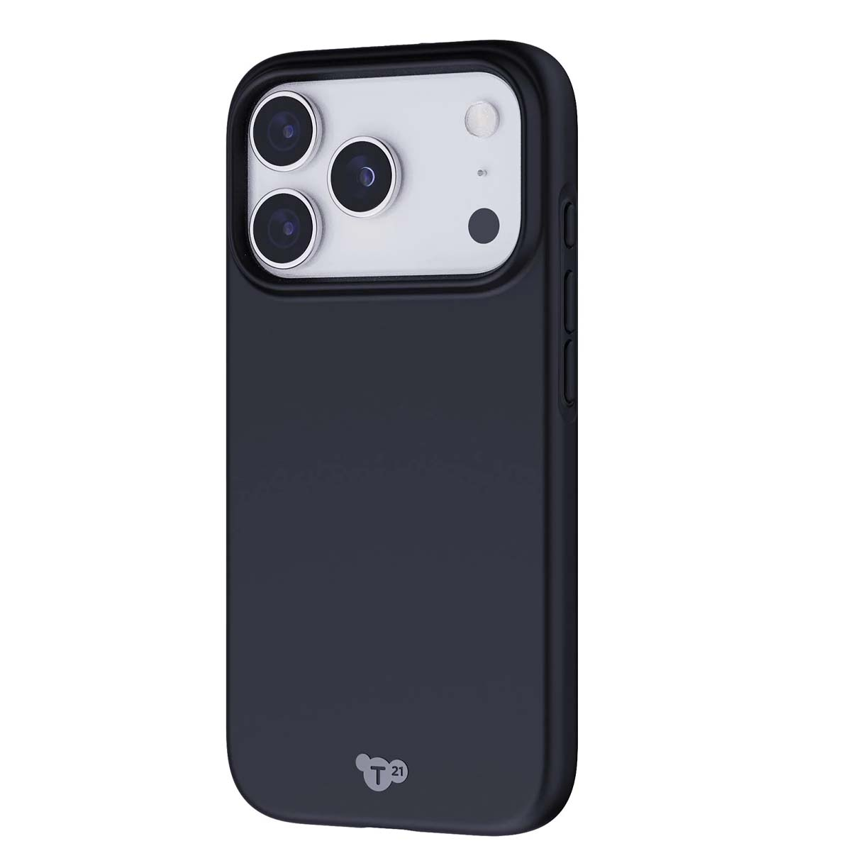 Una custodia per telefono blu scuro. Ha tre lenti della fotocamera e un flash. La custodia copre il telefono e ha un logo in basso.