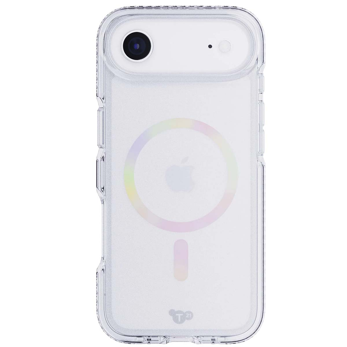 Custodia trasparente per telefono con cerchio arcobaleno e logo Apple. Caratteristiche: fotocamera e piccolo pulsante.