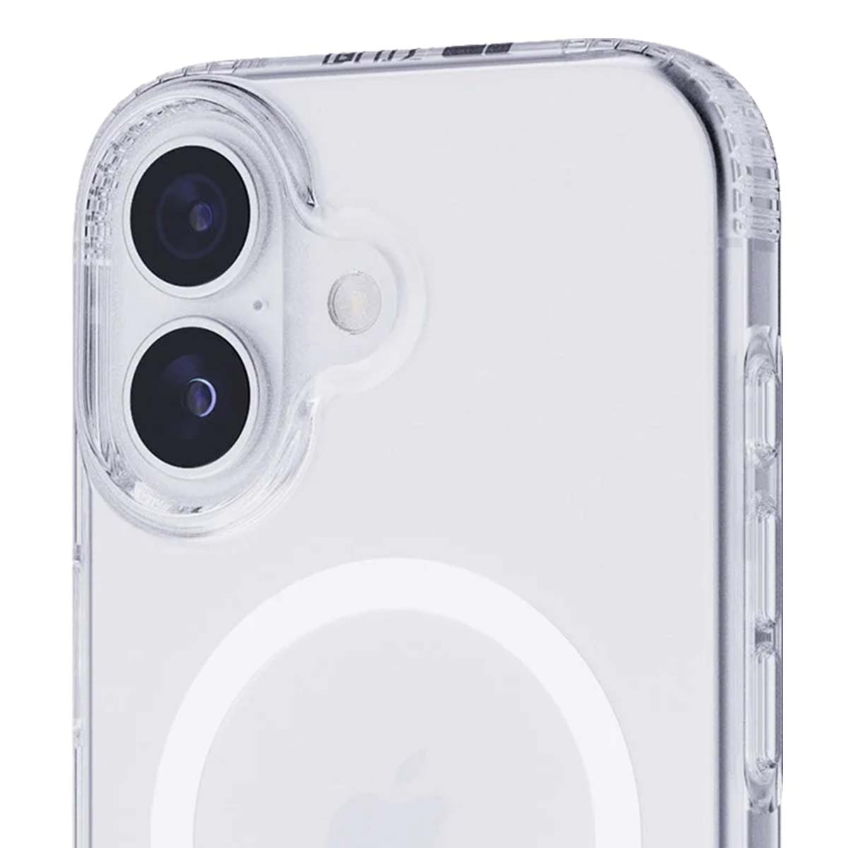 Primo piano di una custodia trasparente per telefono su un telefono bianco. Sono visibili due obiettivi, un flash e il logo Apple.