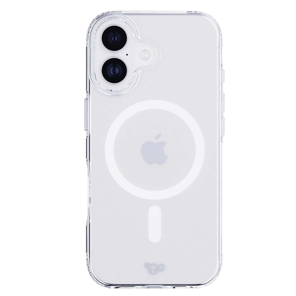 Custodia trasparente per telefono. Visibili la fotocamera del telefono, il logo Apple e un cerchio di ricarica magnetica. La custodia ha un logo in basso.