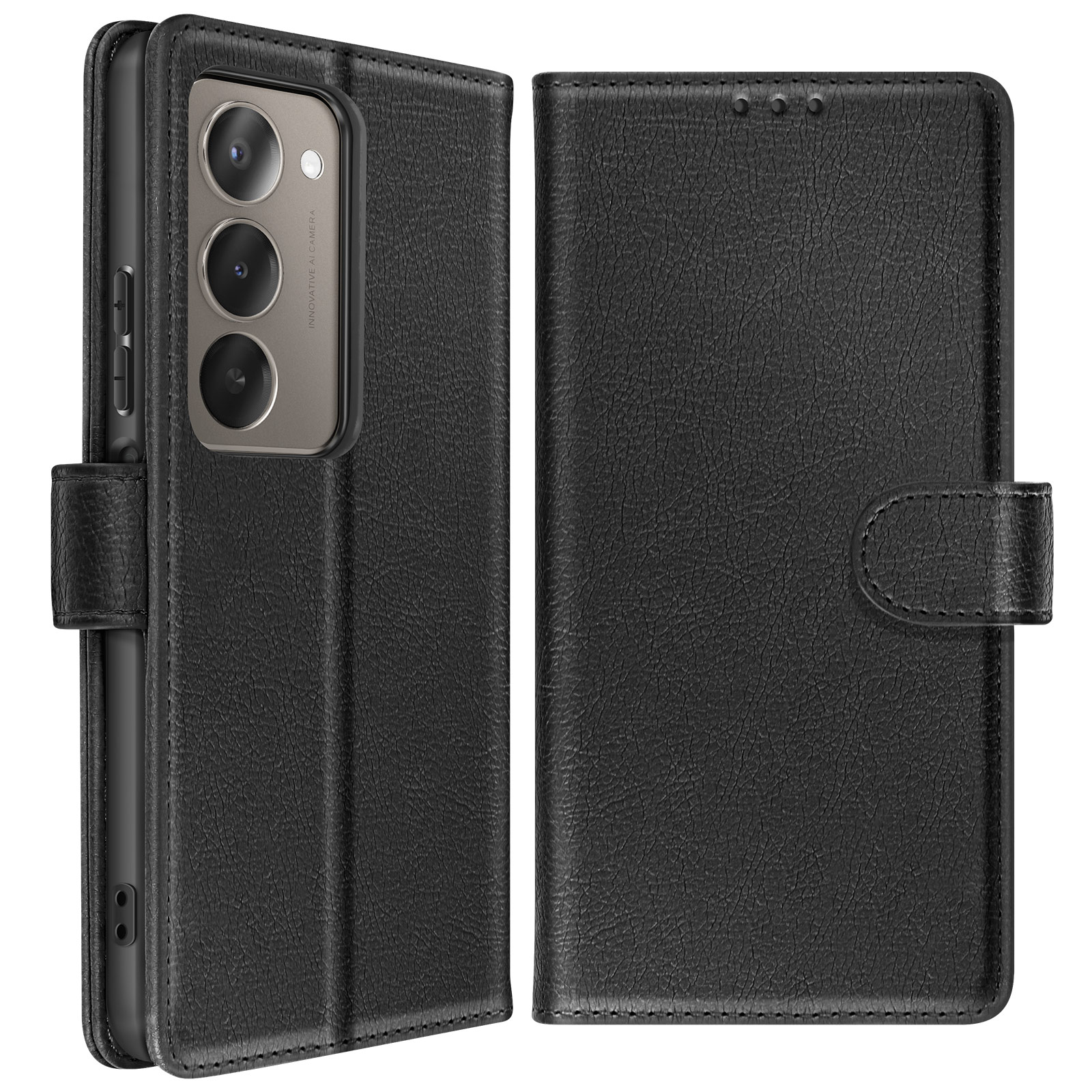 Custodia per telefono in pelle nera, aperta. Mostra un telefono con lenti della fotocamera a sinistra. Il lato destro è chiuso.