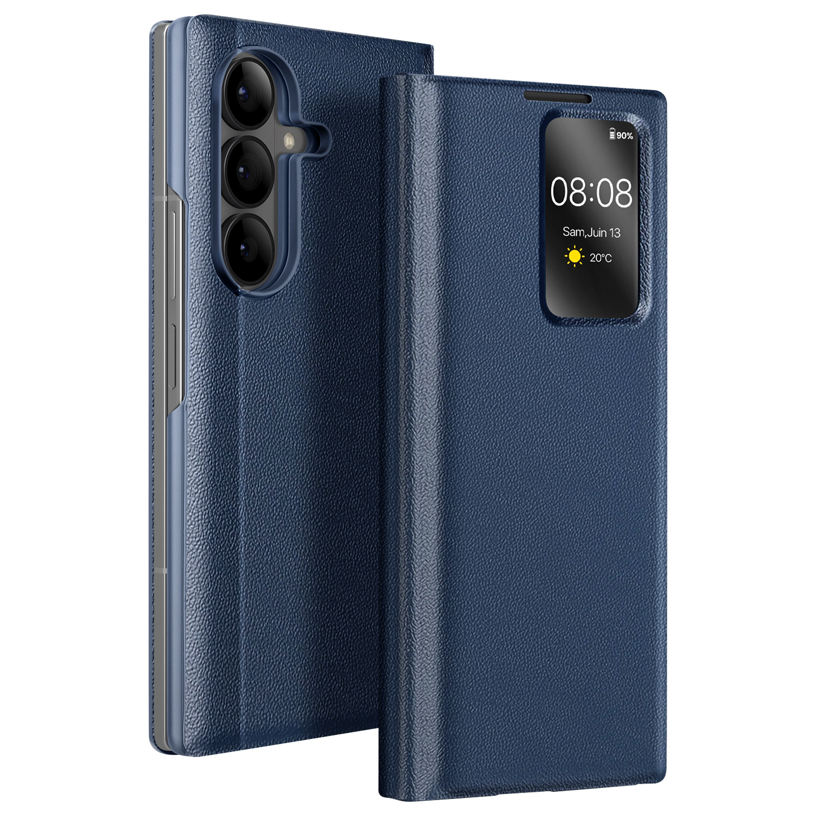 Custodia blu per telefono con schermo che mostra ora e data. Il telefono ha tre fotocamere. La custodia è aperta.