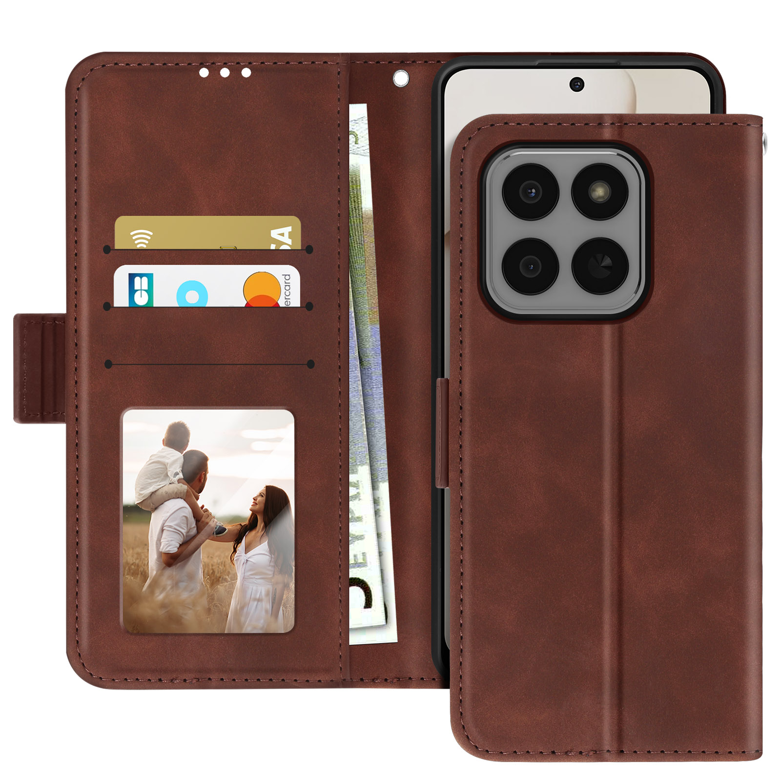 Custodia per telefono in pelle marrone con telefono, carte, denaro e foto di famiglia.