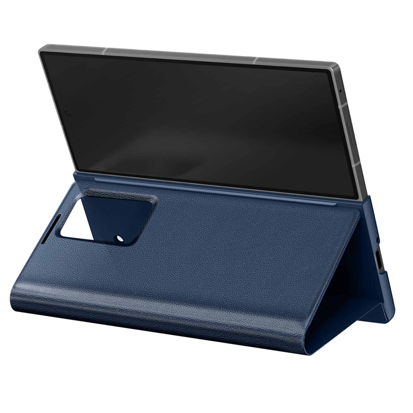 Una custodia blu per telefono con un tablet all'interno. La custodia è aperta, mostrando lo schermo. Lo sfondo è bianco.
