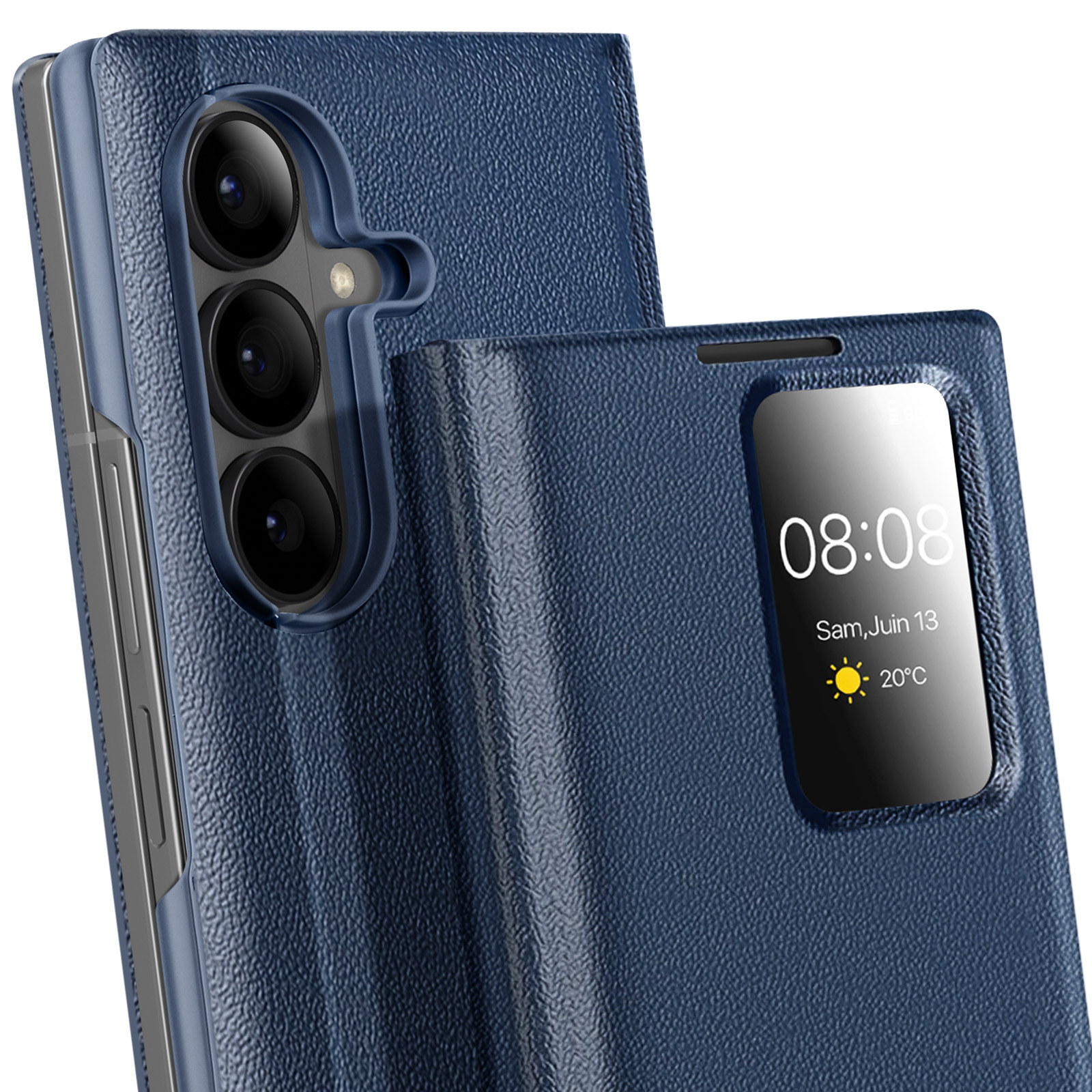 Una custodia blu per telefono con display che mostra ora, data e temperatura.