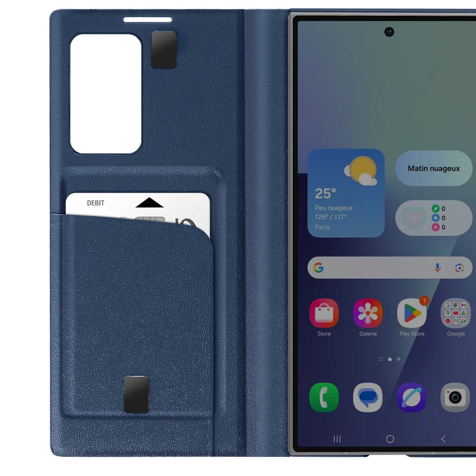 Una custodia blu per telefono con un telefono che mostra app e una carta di debito.