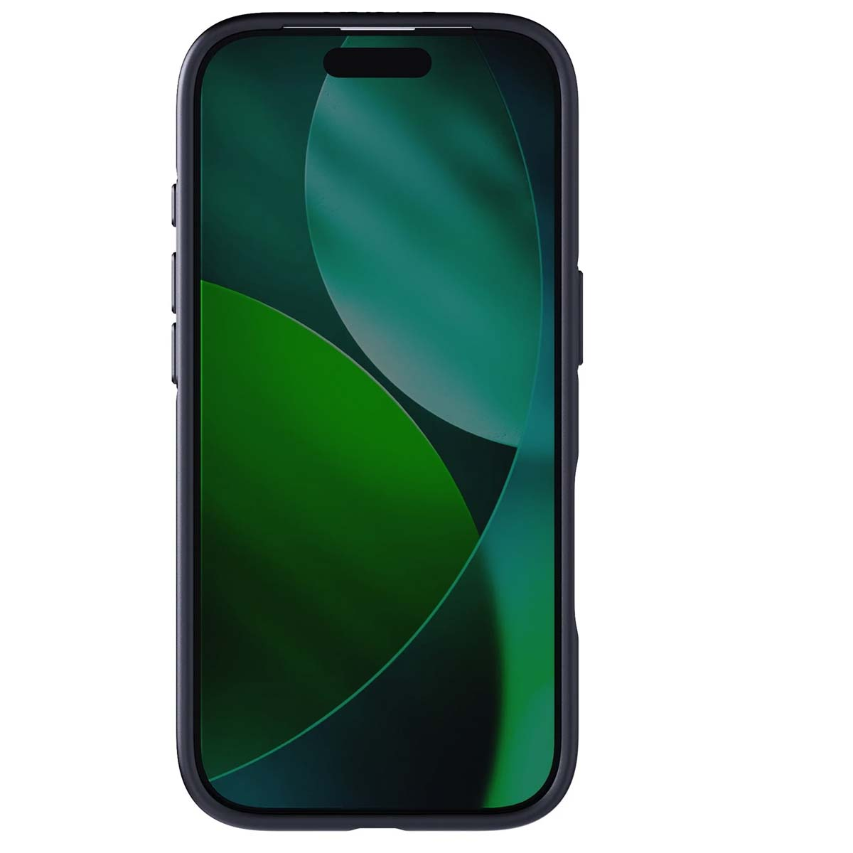 Uno smartphone in una custodia blu scuro. Lo schermo mostra un design astratto verde su sfondo bianco.