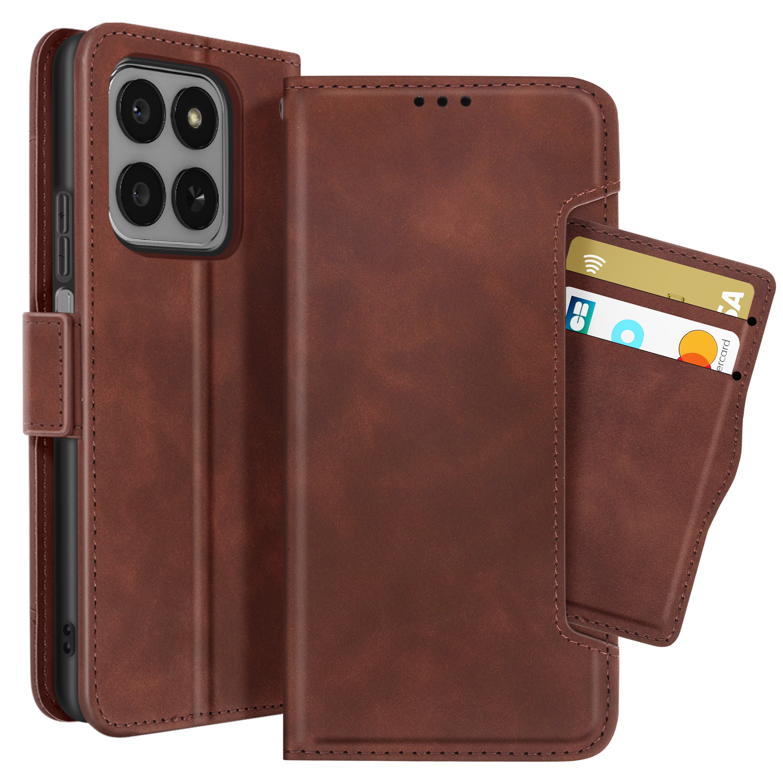 Una custodia per telefono in pelle marrone con carte in tasca. Il telefono ha più fotocamere.