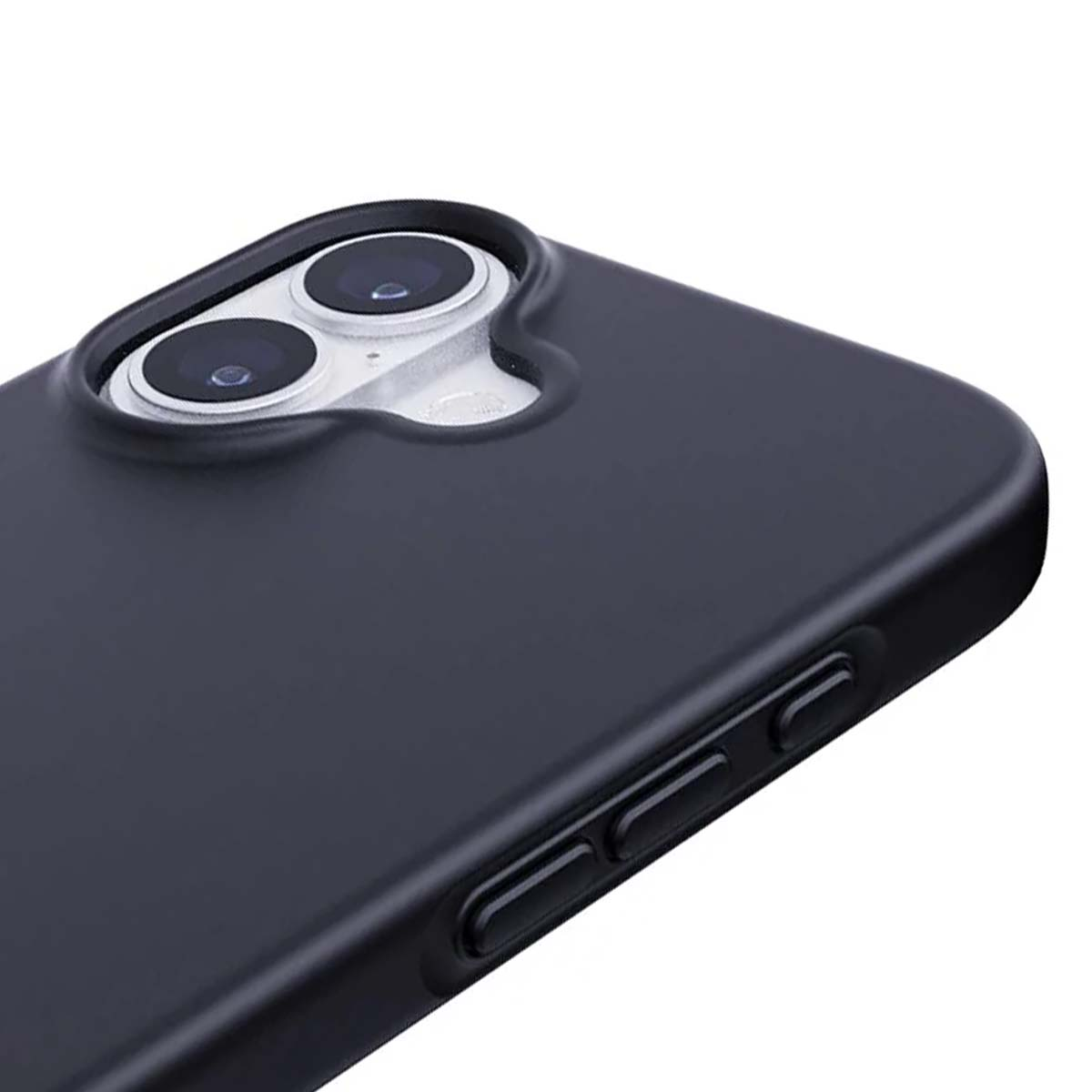 Primo piano di una custodia per telefono nera. La custodia presenta ritagli per la fotocamera e pulsanti. Lo sfondo è bianco.
