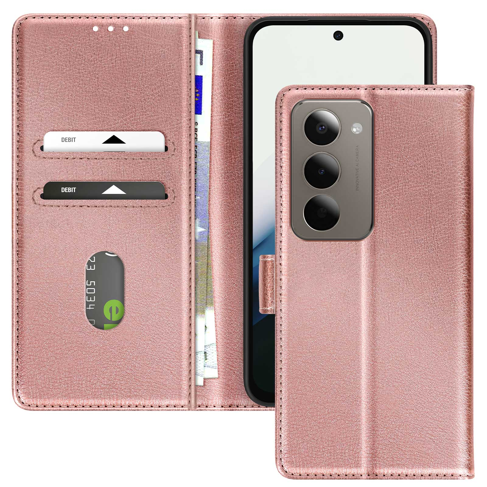 Rosa Handyhülle mit EC-Karten, Bargeld und einem Telefon. Die Hülle ist offen und zeigt das Telefon und Kartenfächer.