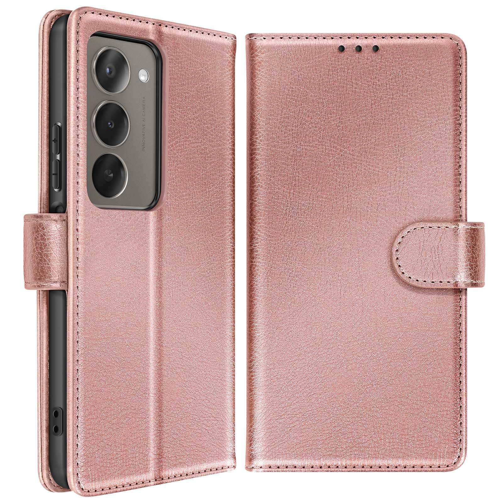 Eine roségoldene Handyhülle, offen, die ein Telefon mit drei Kameras zeigt. Die Hülle ist lederartig mit Nähten.